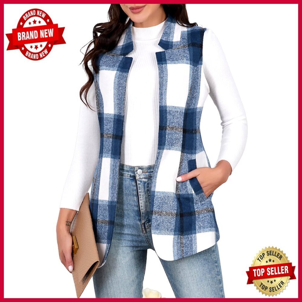 Wool Plaid Vest Sleeveless Blazer Jacket Open Front Cardigan Top Size L